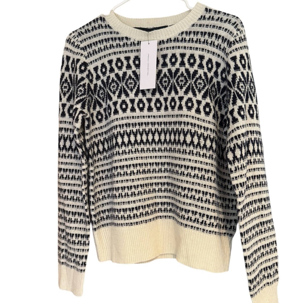 French‎ Connection Fair Isle Black/Cream Knit Crew Sweater. Women’s Medium. NWT.